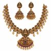 Antique Gold Mango Motif Two-Layer Temple Necklace Set with Jhumka Earrings – 27 cm & 13 cm Antique gold mango motif short temple necklace measuring 13 cm with matching jhumka earrings