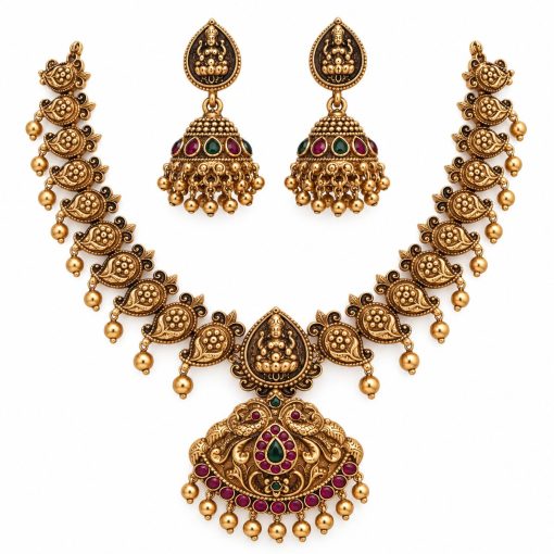 Antique gold mango motif short temple necklace measuring 13 cm with matching jhumka earrings