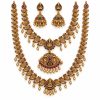 Antique Gold Mango Motif Two-Layer Temple Necklace Set with Jhumka Earrings – 27 cm & 13 cm Antique gold mango motif two-layer necklace set with 27 cm and 13 cm chains and jhumka earrings