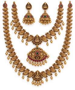 Antique gold mango motif two-layer necklace set with 27 cm and 13 cm chains and jhumka earrings