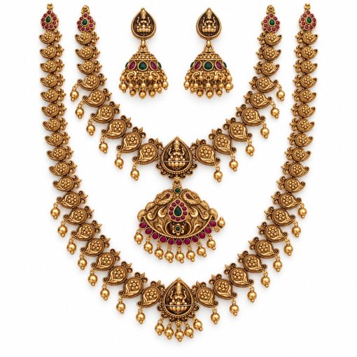 Antique Gold Mango Motif Two-Layer Temple Necklace Set with Jhumka Earrings – 27 cm & 13 cm Antique gold mango motif two-layer necklace set with 27 cm and 13 cm chains and jhumka earrings