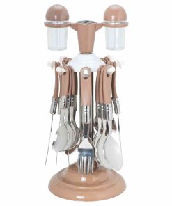MARUTI Stainless Steel 24-piece cutlery set with brown handles and revolving stand