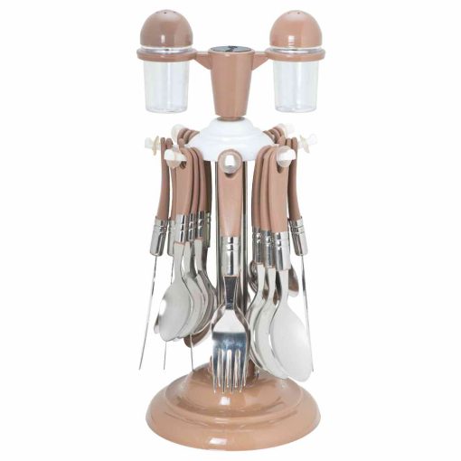 MARUTI Stainless Steel 24-piece cutlery set with brown handles and revolving stand