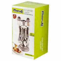 Detail view of MARUTI Stainless Steel spoons forks knives and revolving stand