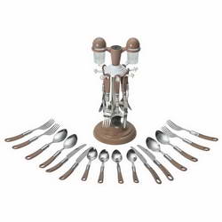 Side view of MARUTI Stainless Steel cutlery set with cruet containers and stand