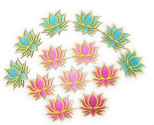 Assorted lotus MDF wooden cutouts in pink and blue for Diwali rangoli decoration
