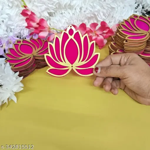 Multicolor Lotus MDF Wooden Cutout – Single Piece Assorted Assorted lotus MDF wooden cutout single piece - pink colour example for Diwali rangoli decor