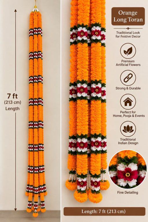 Orange artificial marigold flower long toran with red and white accents, 7 ft