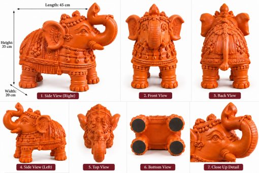 Large Orange Ornate Elephant Statue – 45 cm Large orange ornate elephant statue shown from seven angles with dimensions 45 x 20 x 35 cm