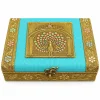 Peacock Embroidered Jewellery Storage Box – 22 × 17 × 7 cm Closed turquoise peacock embroidered jewellery box with gold detailing