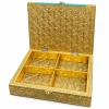 Peacock Embroidered Jewellery Storage Box – 22 × 17 × 7 cm Open turquoise peacock jewellery box with four storage compartments and gold embossed interior