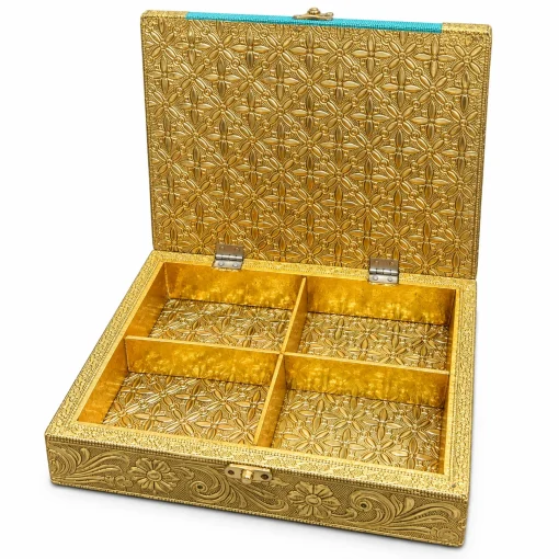 Open turquoise peacock jewellery box with four storage compartments and gold embossed interior