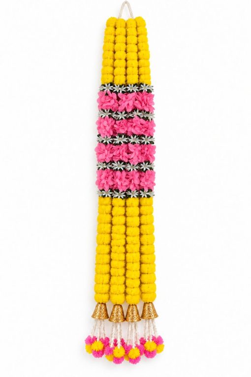 Pink and Yellow Artificial Flower Garland with Gold Bells – 7 ft Pink and yellow artificial flower garland with four gold bells, 7 ft