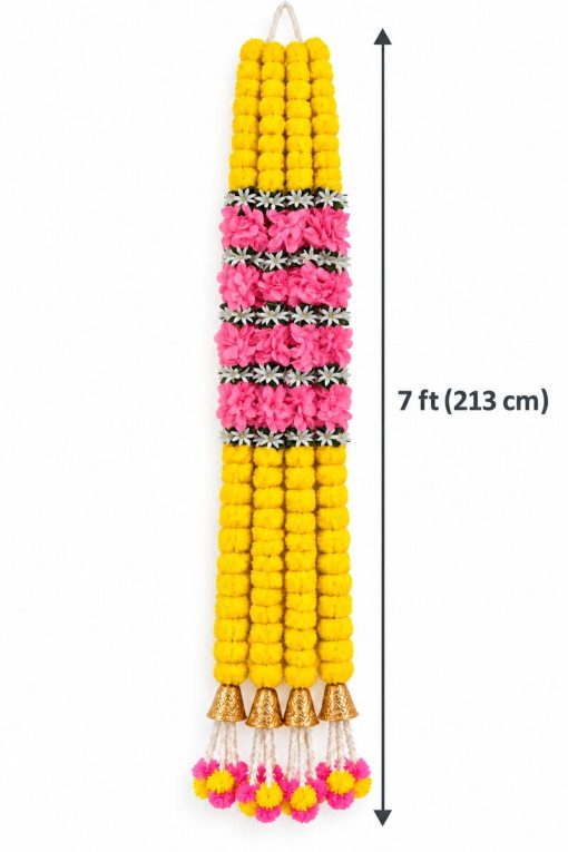 Pink and yellow gold-bell garland showing 7 ft 213 cm length