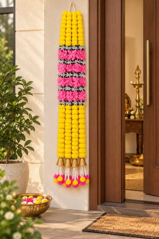 Pink and yellow 7 ft garland with gold bells displayed beside a doorway