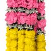 Pink and Yellow Artificial Flower Garland with Gold Bells – 7 ft Close-up of irregular pink fabric petals, white star flowers and yellow strands