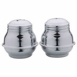 Side view of RAAJ polished Stainless Steel pepper and salt containers on stand