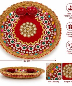 Red and gold decorative pooja thali with two bowls, 27 x 27 x 3 cm