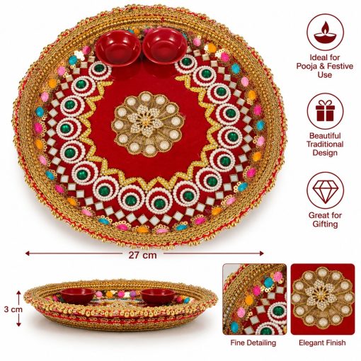 Red & Gold Decorative Pooja Thali with Bowls – 27cm Red and gold decorative pooja thali with two bowls, 27 x 27 x 3 cm