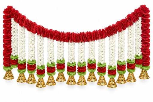 Red and White Artificial Flower Door Toran with Gold Bells Red and white artificial flower door toran with green accents and gold bells