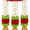 Red and White Artificial Flower Door Toran with Gold Bells Close-up of red and white artificial flowers with green collars and ornate gold bells