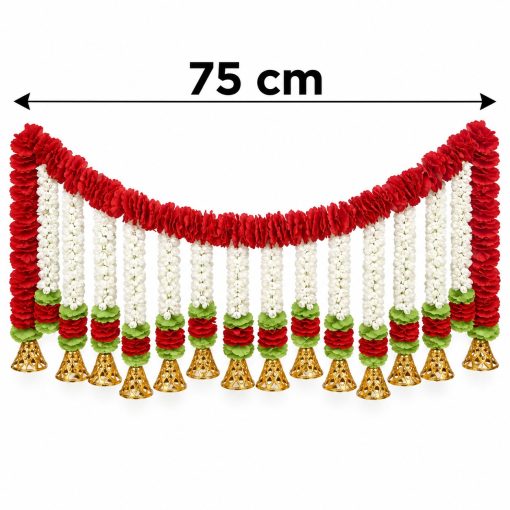 Red and white artificial flower door toran with gold bells, 75 cm wide