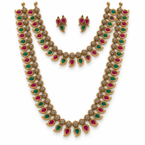 Ruby and green mango motif two-layer necklace set without pendant and matching earrings