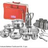 Stainless Steel Lunch Kit Khubsurat – 51 Piece Set Stainless steel Khubsurat 51 piece lunch kit with serving vessels plates bowls tumblers and carry bag