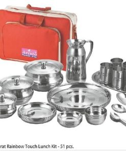Stainless steel Khubsurat 51 piece lunch kit with serving vessels plates bowls tumblers and carry bag