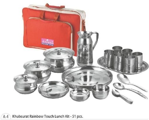 Stainless Steel Lunch Kit Khubsurat – 51 Piece Set Stainless steel Khubsurat 51 piece lunch kit with serving vessels plates bowls tumblers and carry bag