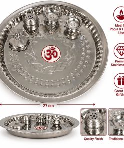 Stainless steel Om pooja thali set with traditional accessories, 27 x 27 x 3 cm
