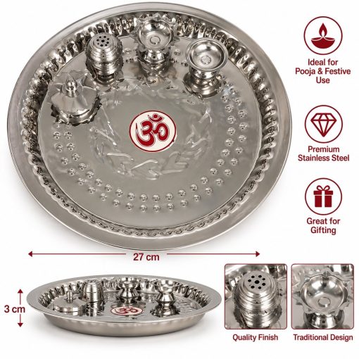 Stainless Steel Om Pooja Thali Set – 27cm Stainless steel Om pooja thali set with traditional accessories, 27 x 27 x 3 cm