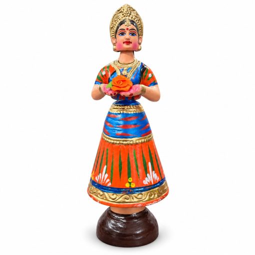 Tanjore Thalayatti Pommai woman holding orange flower 39 cm