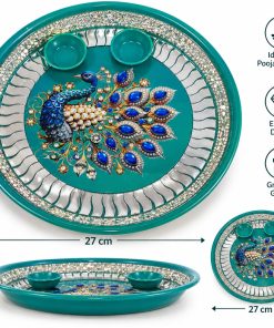 Teal peacock decorative pooja thali with two bowls, 27 x 27 x 3 cm