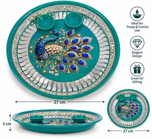 Peacock Decorative Pooja Thali with Bowls – 27cm Teal peacock decorative pooja thali with two bowls, 27 x 27 x 3 cm