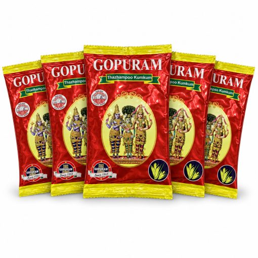 Five individual 40g Thazhampoo Kumkum powder packets on a white background