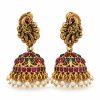 Antique Gold Tirupati Balaji Temple Necklace Set with Jhumka Earrings Antique gold peacock jhumka earrings with pink and green stones and pearl-style fringe