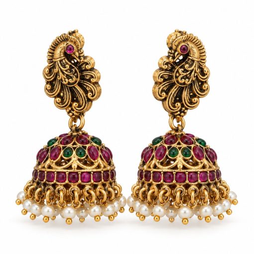 Antique gold peacock jhumka earrings with pink and green stones and pearl-style fringe