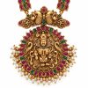 Antique Gold Tirupati Balaji Temple Necklace Set with Jhumka Earrings Close-up of antique gold Tirupati Balaji pendant with peacock motifs, pink and green stones, and pearl details