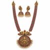 Antique Gold Tirupati Balaji Temple Necklace Set with Jhumka Earrings Antique gold Tirupati Balaji temple necklace set with pink and green stones and matching jhumka earrings