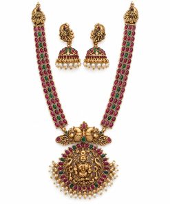 Antique gold Tirupati Balaji temple necklace set with pink and green stones and matching jhumka earrings