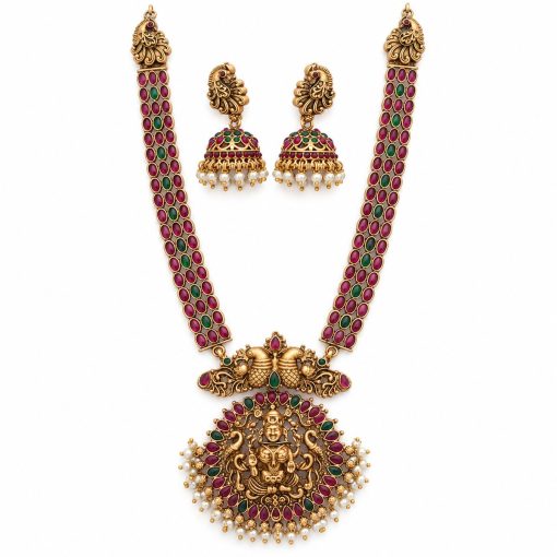 Antique Gold Tirupati Balaji Temple Necklace Set with Jhumka Earrings Antique gold Tirupati Balaji temple necklace set with pink and green stones and matching jhumka earrings