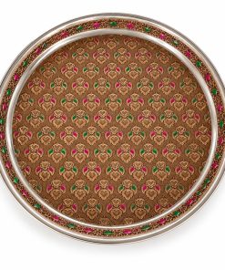 Traditional embossed stainless steel pooja thali with bronze-gold pattern, 31 cm