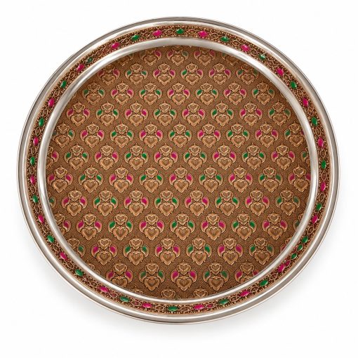 Traditional embossed stainless steel pooja thali with bronze-gold pattern, 31 cm