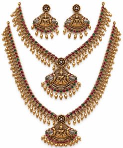 Antique gold Lakshmi two-layer necklace set with 30 cm and 14 cm chains and matching earrings