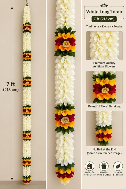 White artificial flower long toran garland with multicolour floral accents, 7 ft