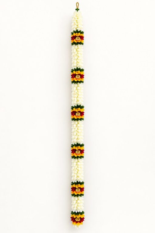Full-length view of white artificial flower toran garland, 7 ft