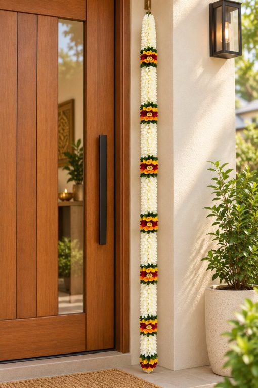 White artificial flower long toran displayed beside a home doorway