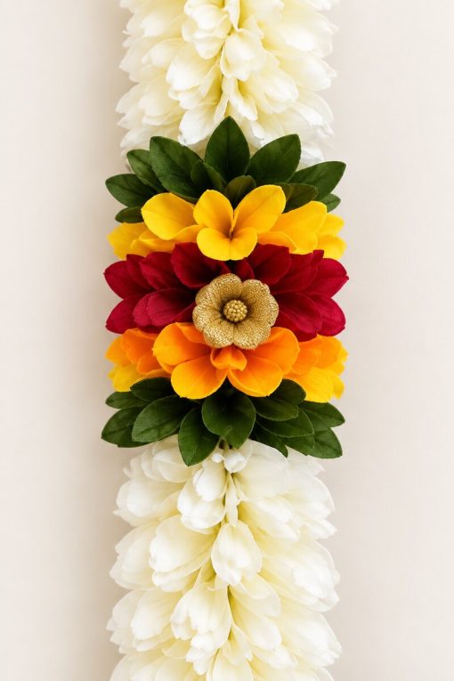 Close-up of white toran with red yellow orange flowers and green leaves