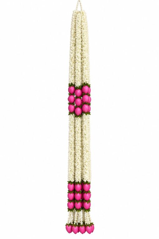 White Artificial Flower Garland with Pink Lotus Buds – 7 ft White artificial flower garland with pink lotus buds, 7 ft